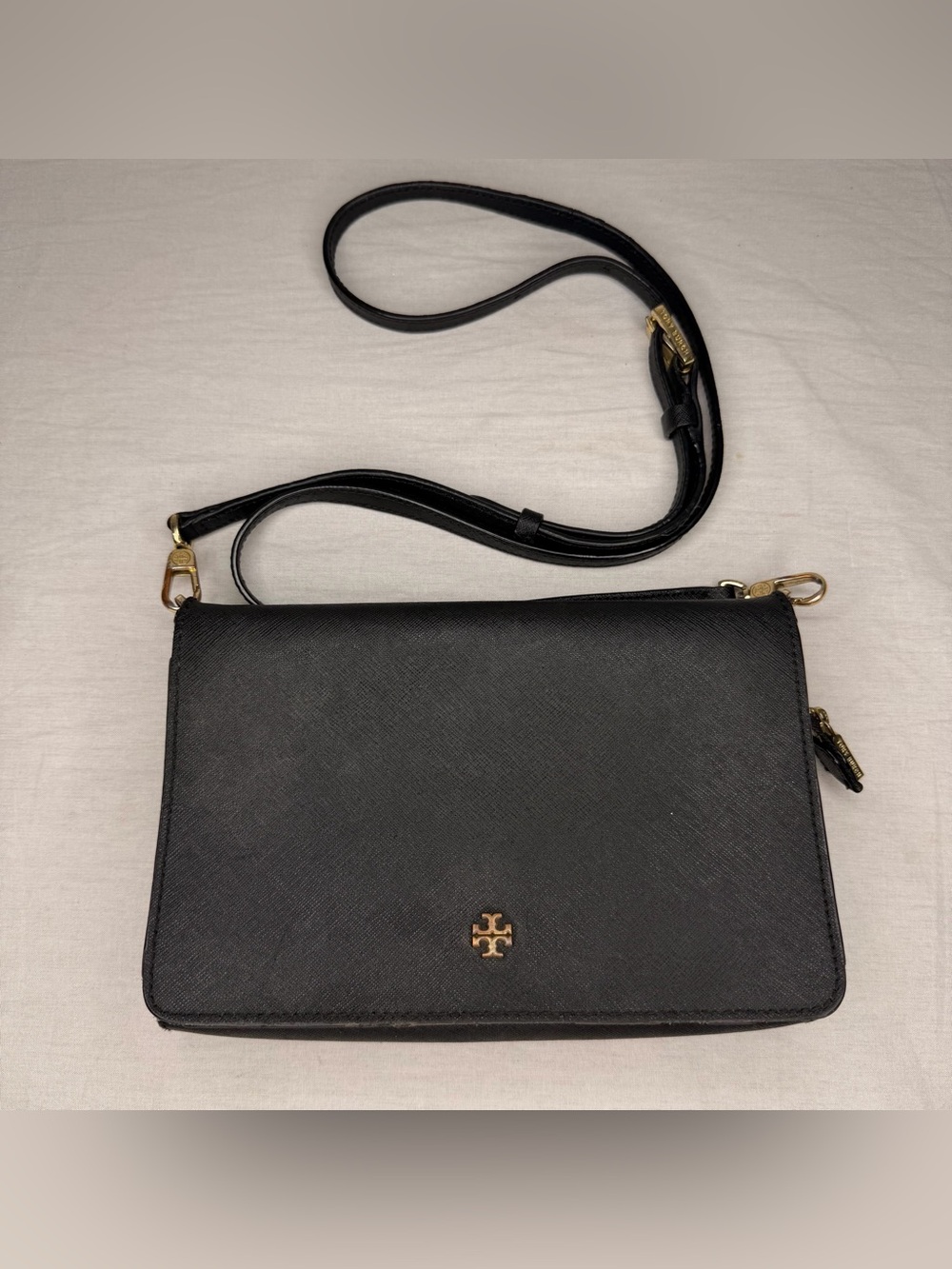 Tory Burch Robinson Crossbody Wallet Black Saffiano Leather Bag WORN